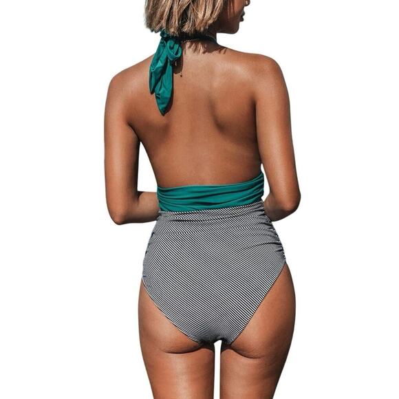 CUPSHE HALTER SWIMMING SUIT ONE PIECE KEEPING YOU ACCOMPANIED STRIPED SZ L BEACH - Picture 3 of 13